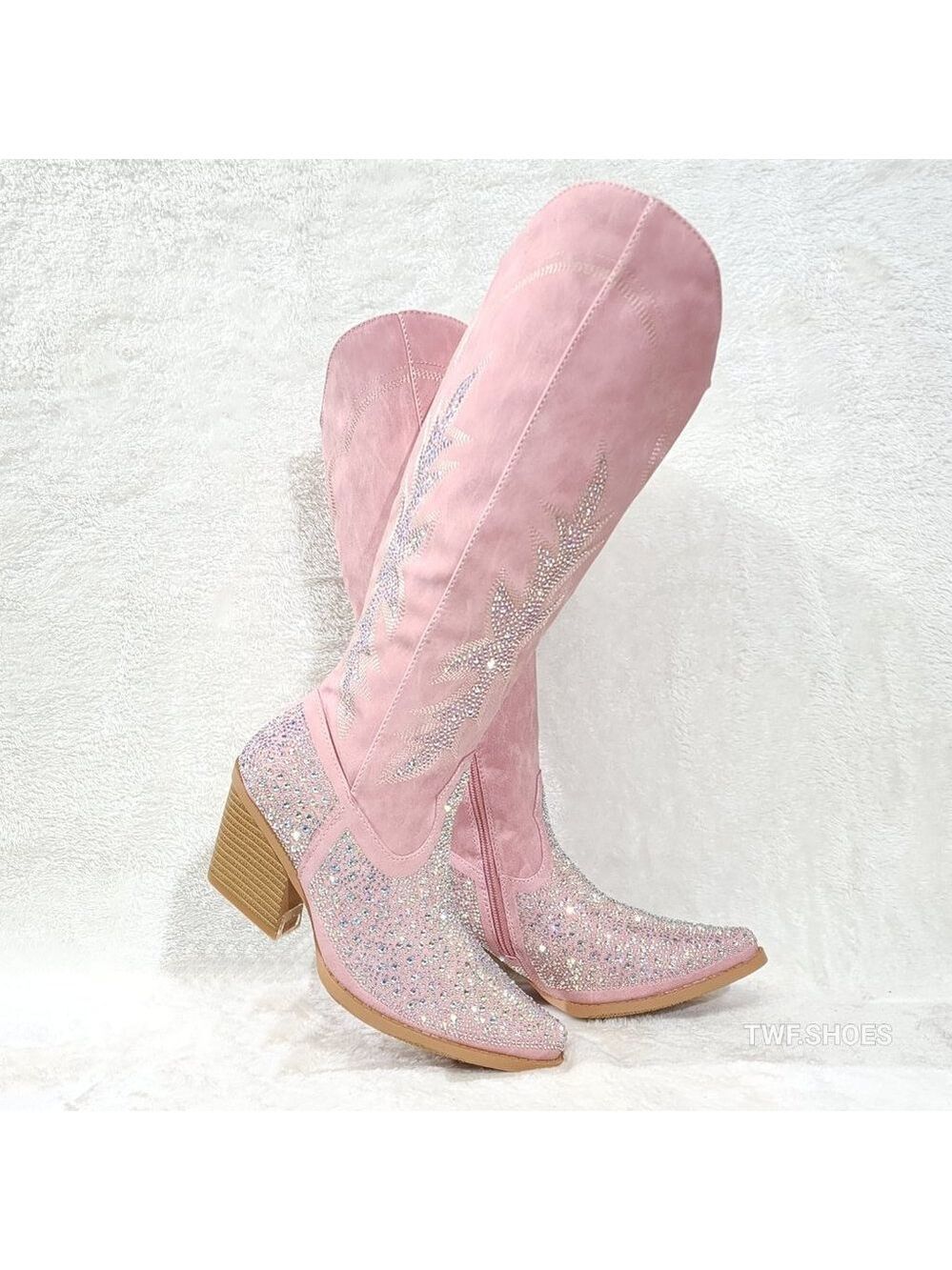 Crystal Pink Multi Color Rhinestones Country Glam Western Cowgirl Knee Boots